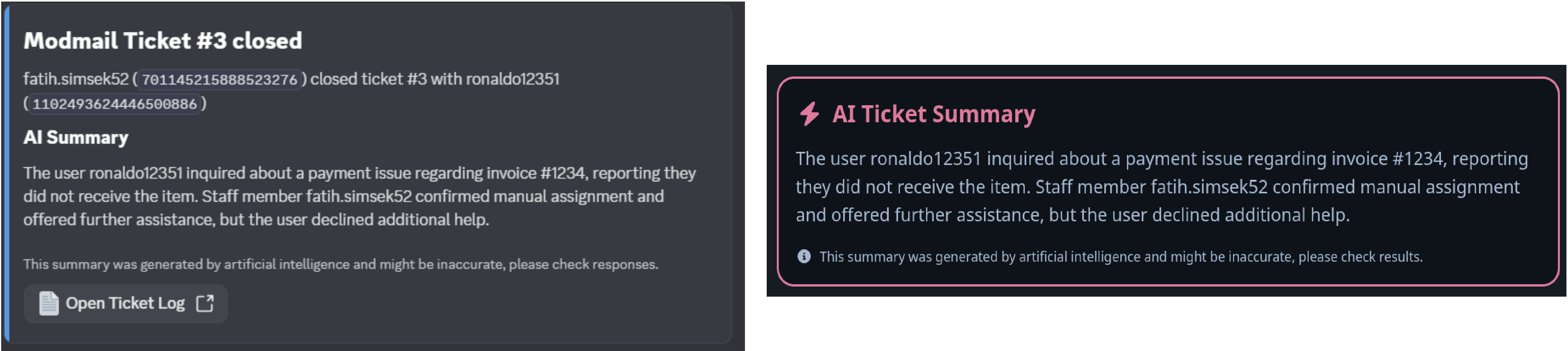 Screenshot of an AI summary of a ticket