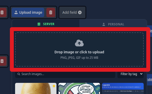 Screenshot, der die direkte Bild-Upload-Option innerhalb eines Konfigurationsfeldes zeigt